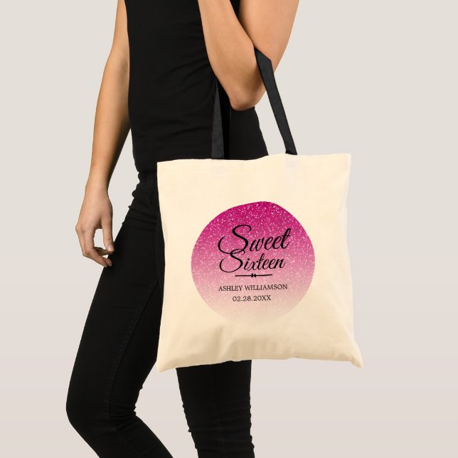 Sweet 16 Hot Pink Glitter Ombre 16th Birthday Name Tote Bag (Front (Product))