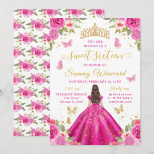 Sweet 16 Hot Pink Princess Brunette Girl Invitation