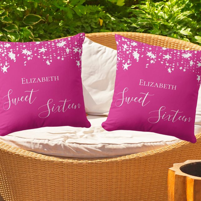 Sweet 16 hot pink white stars name throw pillow (Creator Uploaded)