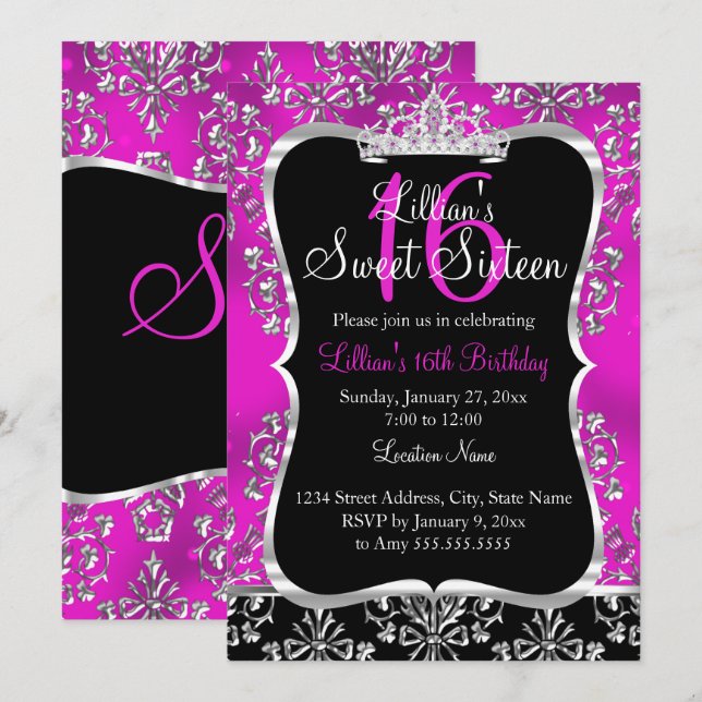 Sweet 16 Hot rose noir Damask Tiara Invitation (Devant / Derrière)