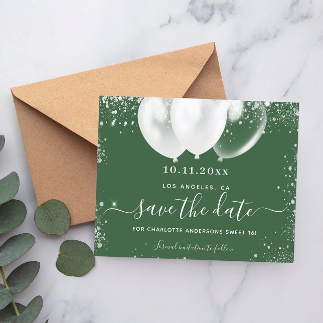 Sweet 16 hunter green white save date card (Creator Uploaded)