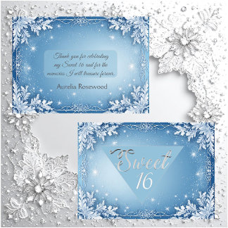 Sweet 16 Icy Blue Silver Winter Frost Snowflakes Thank You Card