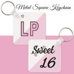 Sweet 16 initials 16th birthday pink keychain<br><div class="desc">Celebrate her 'Sweet 16' with a beautifully personalized Metal Square Keychain she’ll adore! Sleek and durable, this stylish accessory features her initials in a charming pink and white design, accented with adorable love hearts for that extra special touch. Perfect for keeping her keys safe while adding a pop of personality...</div>