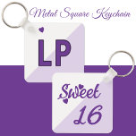 Sweet 16 initials 16th birthday purple keychain<br><div class="desc">Celebrate her 'Sweet 16' with a beautifully personalized Metal Square Keychain she’ll adore! Sleek and durable, this stylish accessory features her initials in a charming purple and white design, accented with adorable love hearts for that extra special touch. Perfect for keeping her keys safe while adding a pop of personality...</div>