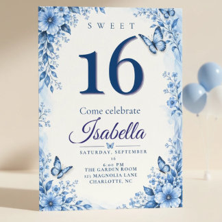 Sweet 16 Invitation Blue Butterfly Floral Birthday