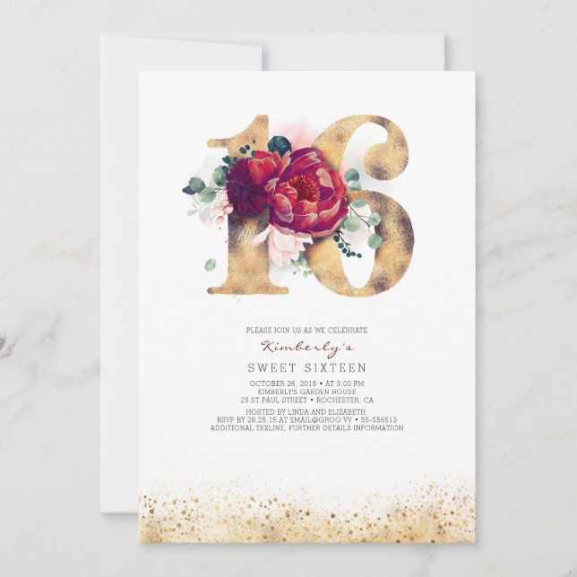 Sweet 16 Invitation Bourgogne Rouge et Or (Devant)