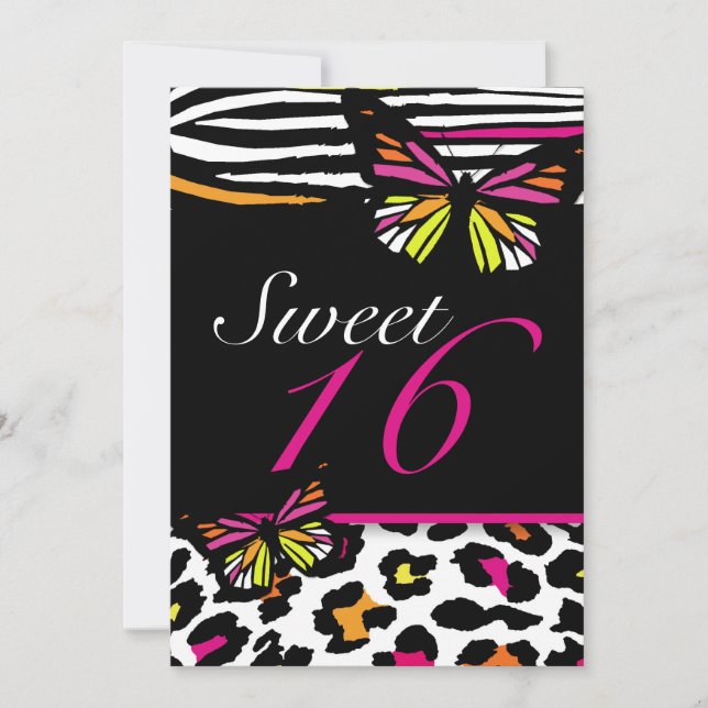 Sweet 16 Invitation Bright Butterfly & Zebra Print (Front)