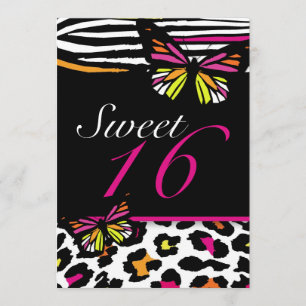 Sweet 16 Invitation Bright Butterfly & Zebra Print