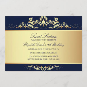 Sweet 16   Invitation Damask Bleu Royale & Or