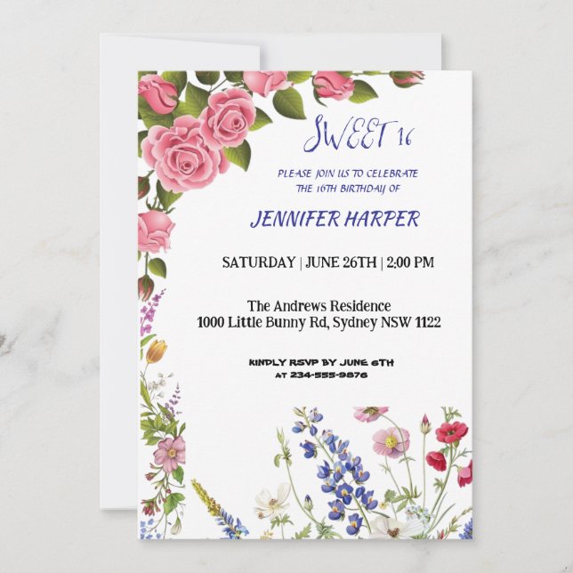 Sweet 16 Invitation d'anniversaire avec roses rose (Devant)