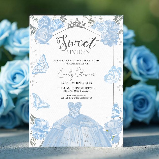  Sweet 16 Invitation | Dusty Blue Dress Butterfly  (Creator Uploaded)