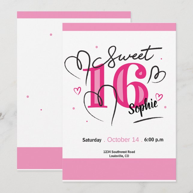 Sweet 16 Invitation Fuchsia Pink 16th Birthday (Front/Back)