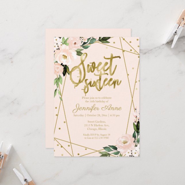 Sweet 16 Invitation Gold Foil Pink Blush Floral (Front/Back In Situ)
