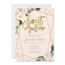 Sweet 16 Invitation Gold Foil Rose Blush Floral
