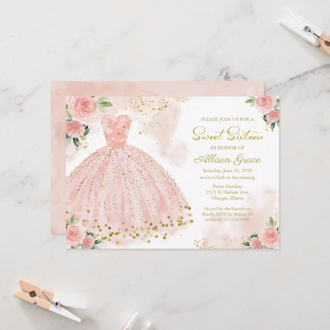 Sweet 16 Invitation Gold Foil Rose Blush Gown (Devant/Arrière en situation)