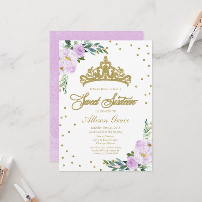 Sweet 16 Invitation Or Tiara Lavender Floral (Devant/Arrière en situation)