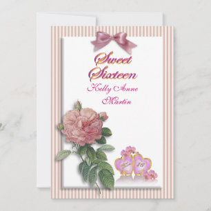 Sweet 16 invitation pink rose and stripes