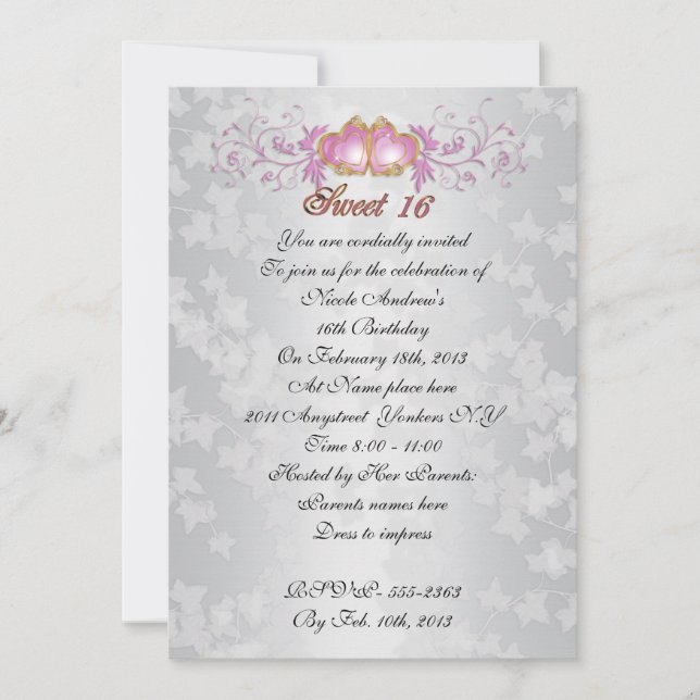 Sweet 16 Invitation satin-look with pink hearts (Front)