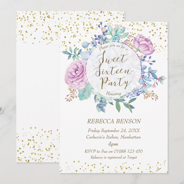 Sweet 16 invitation succulents faux confetti or (Devant / Derrière)