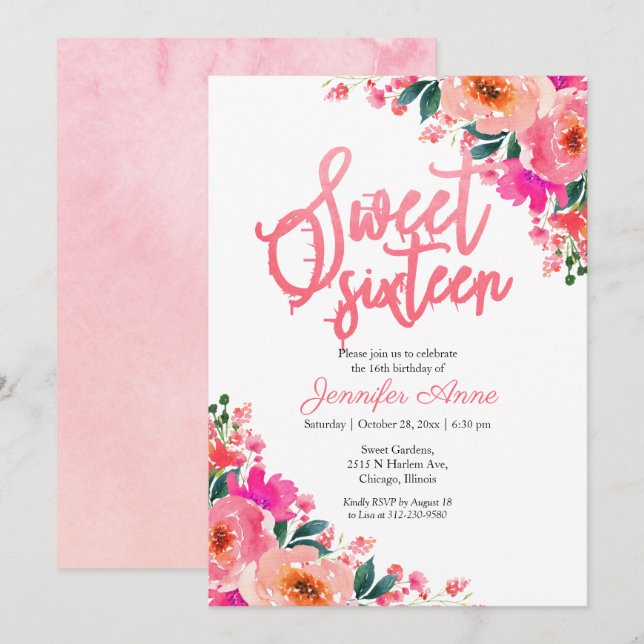 Sweet 16 Invitations Hot rose Floral (Devant / Derrière)