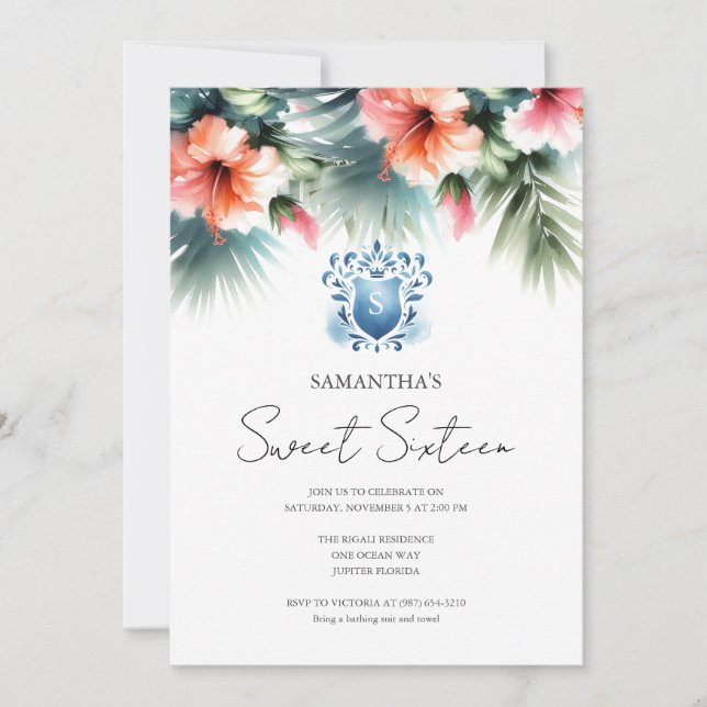 Sweet 16 Invitations Pool Party Pink & Blue Floral (Devant)