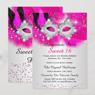 Sweet 16 Lace Mask Hot Pink Silver Masquerade Invitation