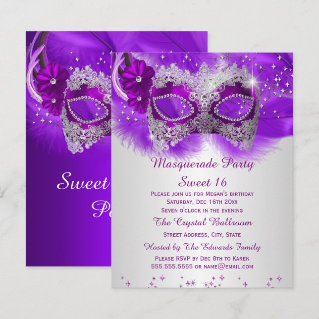 Sweet 16 Lace Mask Purple Silver Masquerade Invitation (Front/Back)