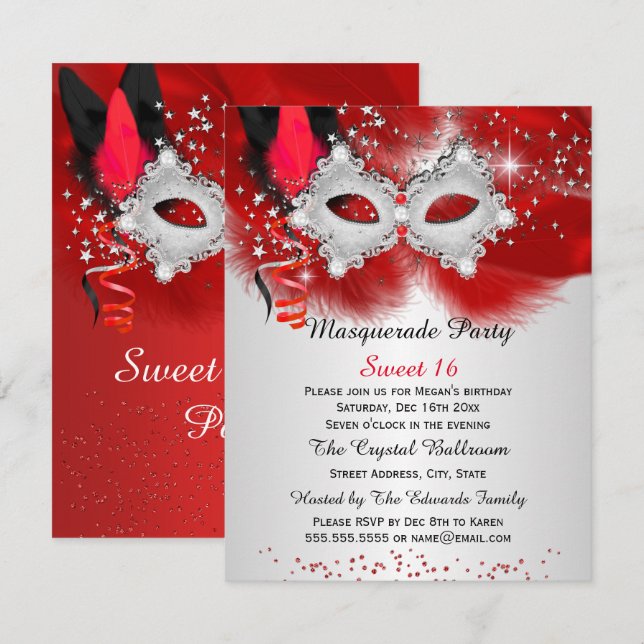 Sweet 16 Lace Mask Red Silver Masquerade Invitation (Front/Back)