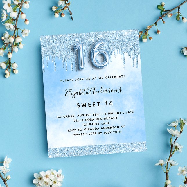 Sweet 16 light blue glitter budget Invitation Flyer (Creator Uploaded)
