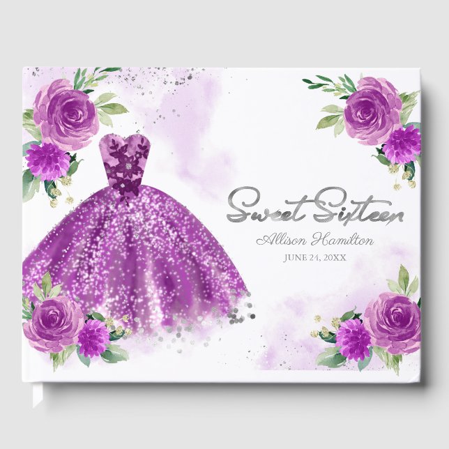 Sweet 16 Livre d'hôtes Silver Purple Gown Floral (Recto)