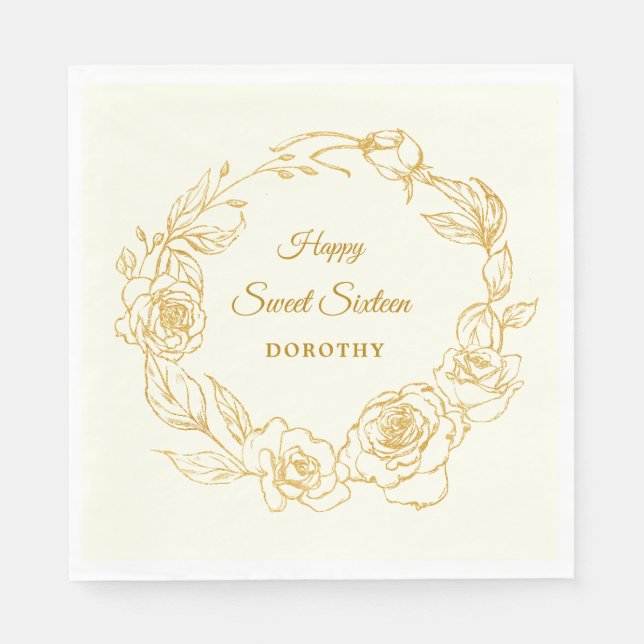 Sweet 16 Luxe Gold Rose Ivory Cocktail Napkin (Front)