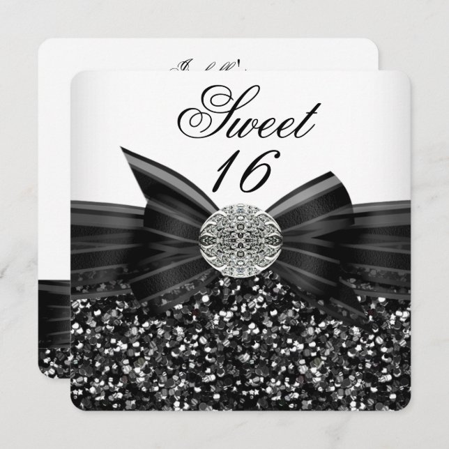 Sweet 16 Luxury Glitter Bow Silver Black White Invitation (Front/Back)