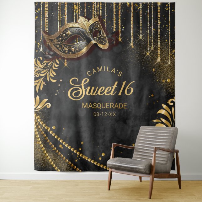 Sweet 16 Masquerade Black Photo Backdrop ID1032 Tapestry (In Situ)