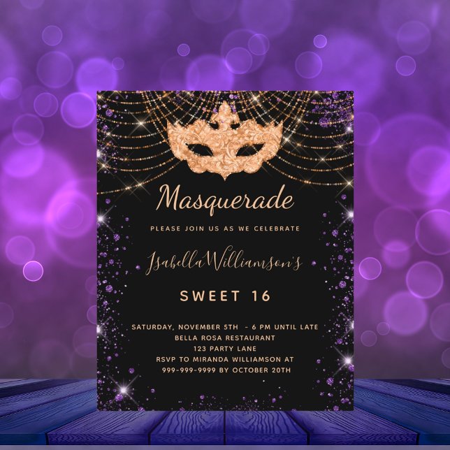 Sweet 16 masquerade black purple budget invitation (Creator Uploaded)