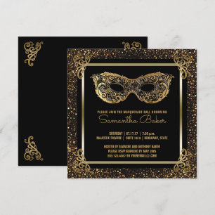 Sweet 16 Masquerade Party   Sweet Sixteen Gold Invitation