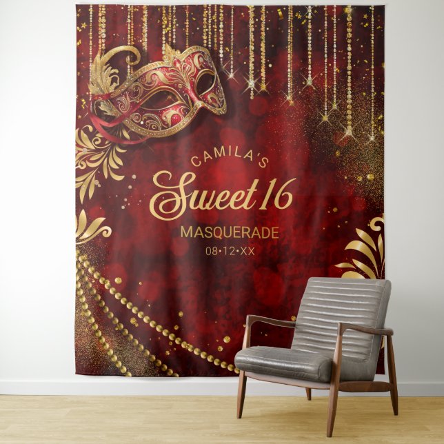 Sweet 16 Masquerade Red Gold Photo Backdrop ID1032 Tapestry (In Situ)