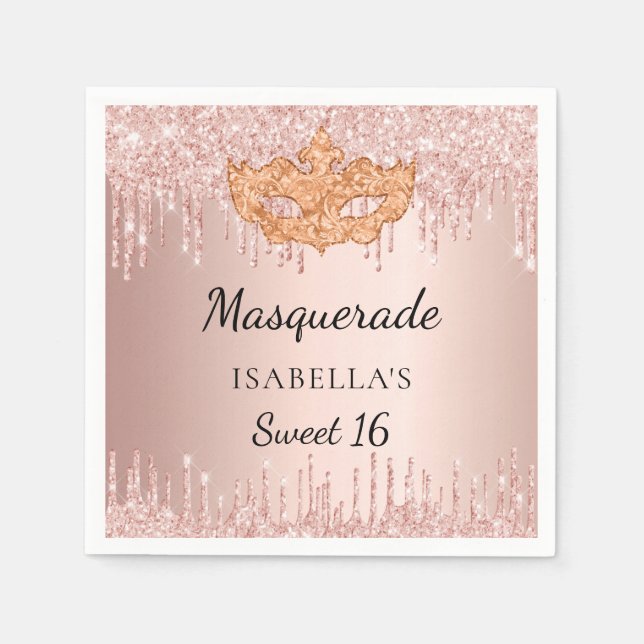 Sweet 16 masquerade rose gold glitter drips party napkin (Front)