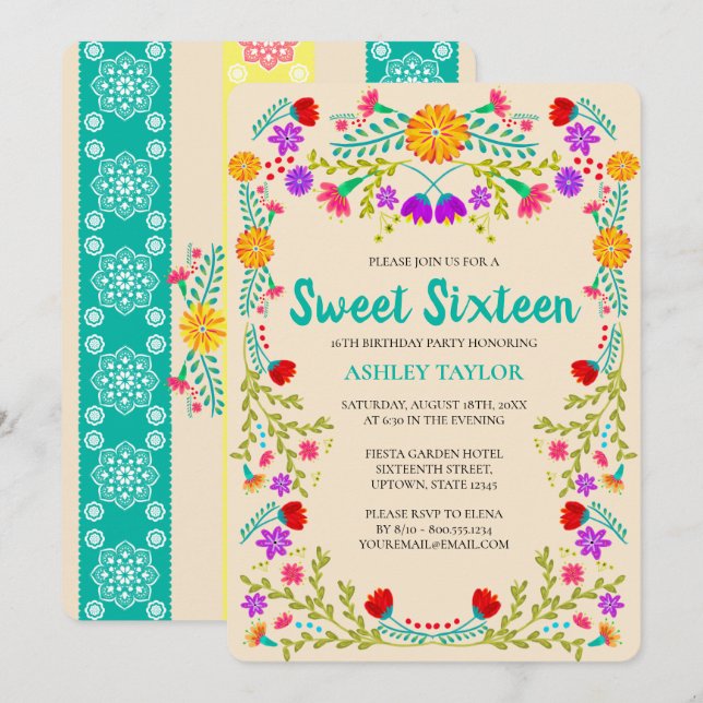Sweet 16 Mexican Fiesta Papel Picado Champagne Invitation (Front/Back)