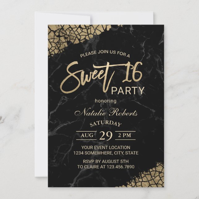 Sweet 16 Modern Black Marble & Gold Typography Invitation (Front)