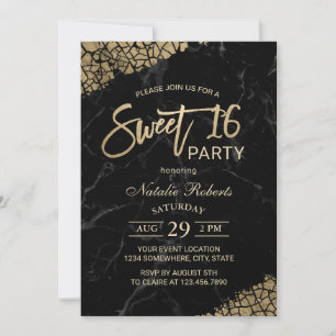 Sweet 16 Modern Black Marble & Gold Typography Invitation