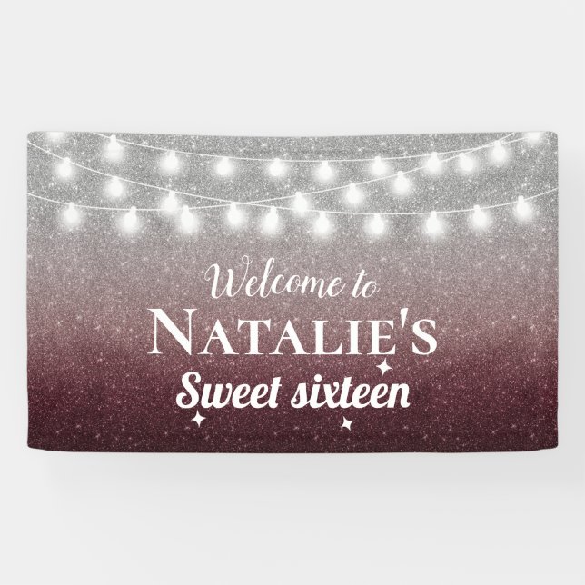 Sweet 16 Modern Burgundy Red & Silver Ombre Banner (Horizontal)