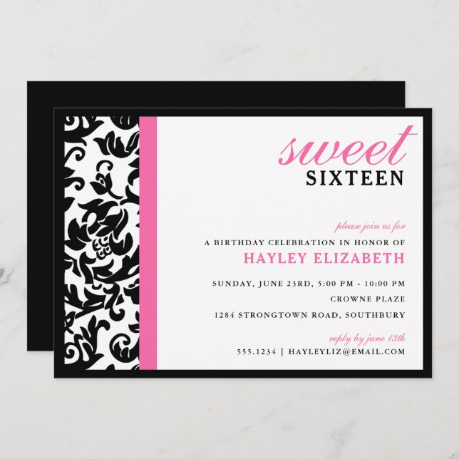 Sweet 16 Modern Damask with Border, Bright Pink Invitation (Front/Back)
