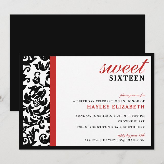 Sweet 16 Modern Damask with Border, Red Invitation (Front/Back)