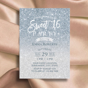 Sweet 16 Modern Dusty Blue & Silver Ombre Invitation
