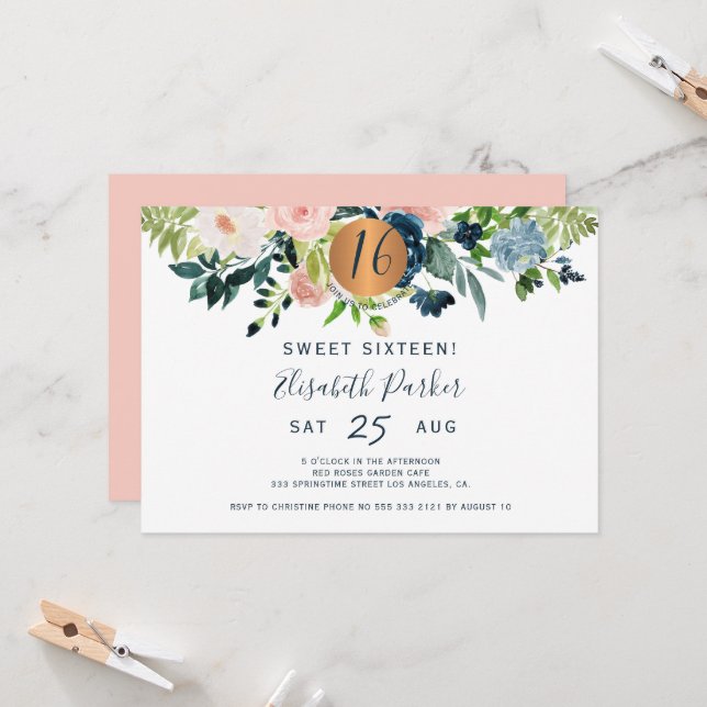 Sweet 16 modern floral watercolor birthday party invitation (Front/Back In Situ)