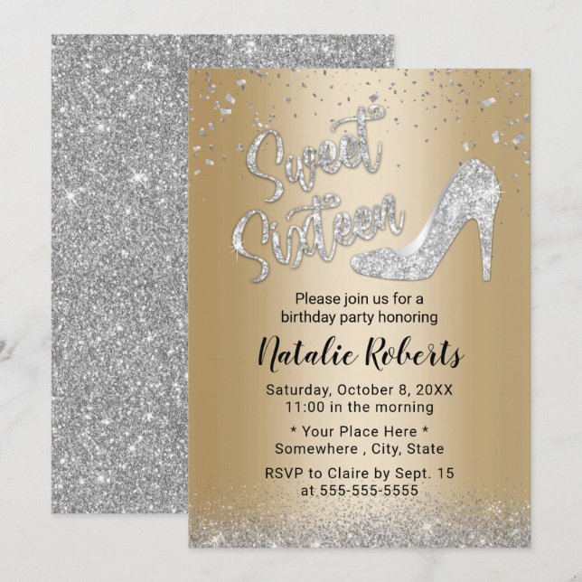 Sweet 16 Modern Gold & Silver Girl 16th Birthday Invitation (Front/Back)