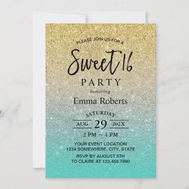 Sweet 16 Modern Gold & Turquoise Glitter Birthday Invitation (Front)