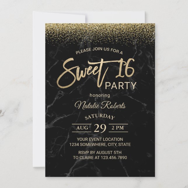 Sweet 16 Modern Gold Typography Black Marble Invitation (Front)