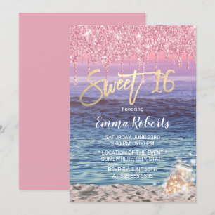 Sweet 16 Modern Pink Glitter Drips Tropical Beach Invitation