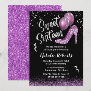 Sweet 16 Modern Purple Glitter Girl 16th Birthday Invitation